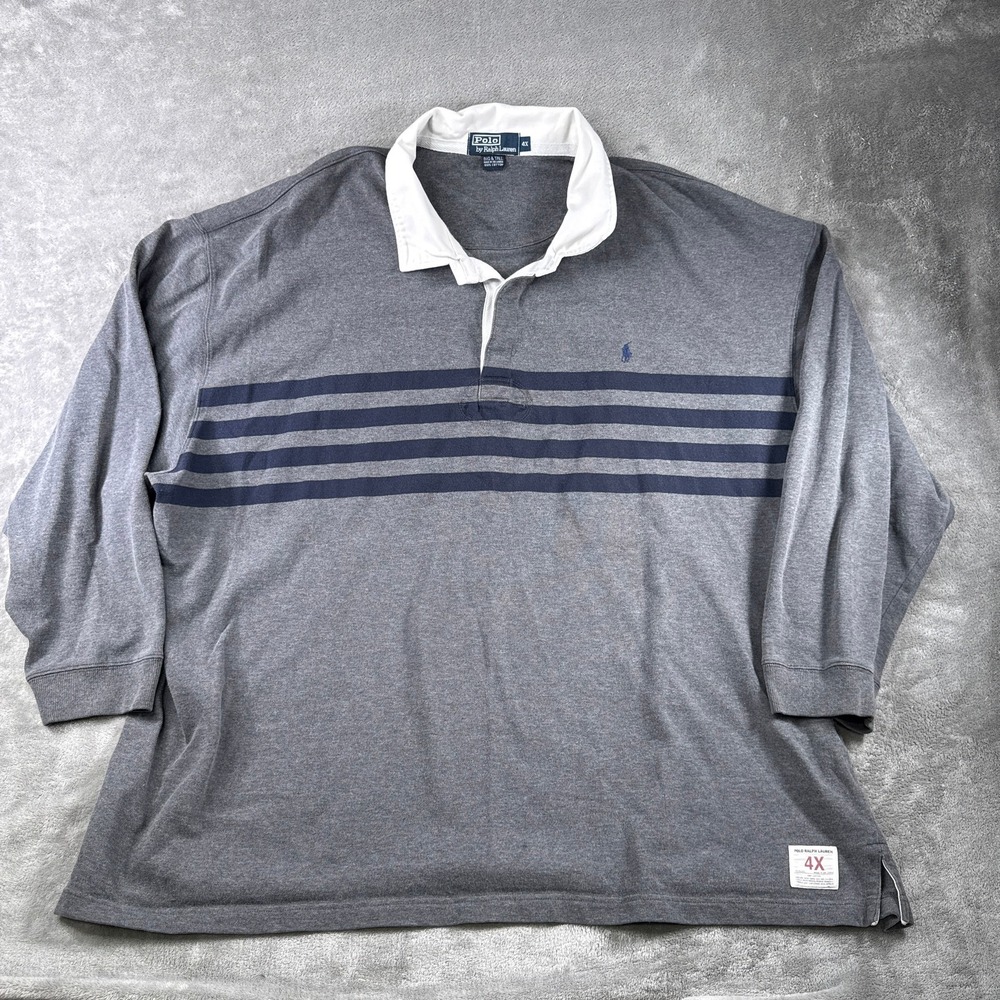 Polo Ralph Lauren Rugby Shirt Mens 4XL Gray Blue Striped Long Sleeve Big & Tall